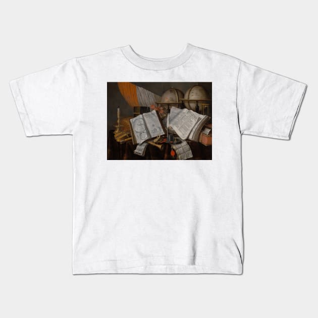 A Vanitas Still Life with a Flag, Candlestick, Musical Instruments, Books, Writing Paraphernalia, Globes and Hourglass by Edwaert Collier Kids T-Shirt by Classic Art Stall